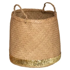 ATMOSPHERA Set de 3 paniers ronds à anses, roseau tressé, sequins dorés Sale